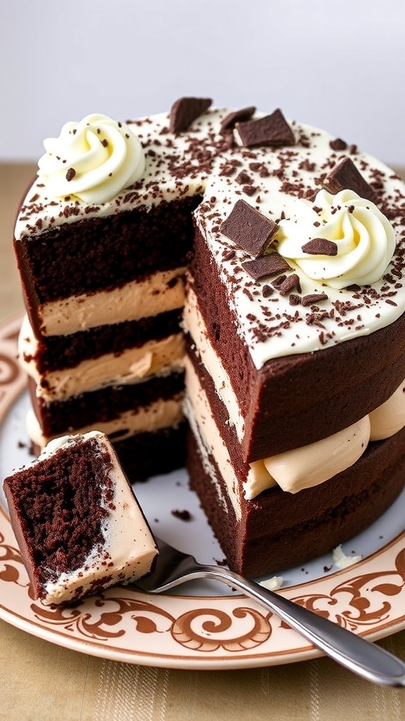 A 6-inch chocolate ice cream cake with layers of chocolate cake and ice cream, topped with whipped cream and chocolate shavings.